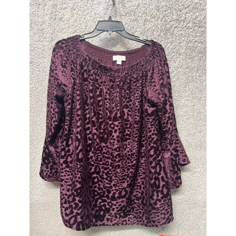 Belle Kim Gravel purple animal print velvet blouse